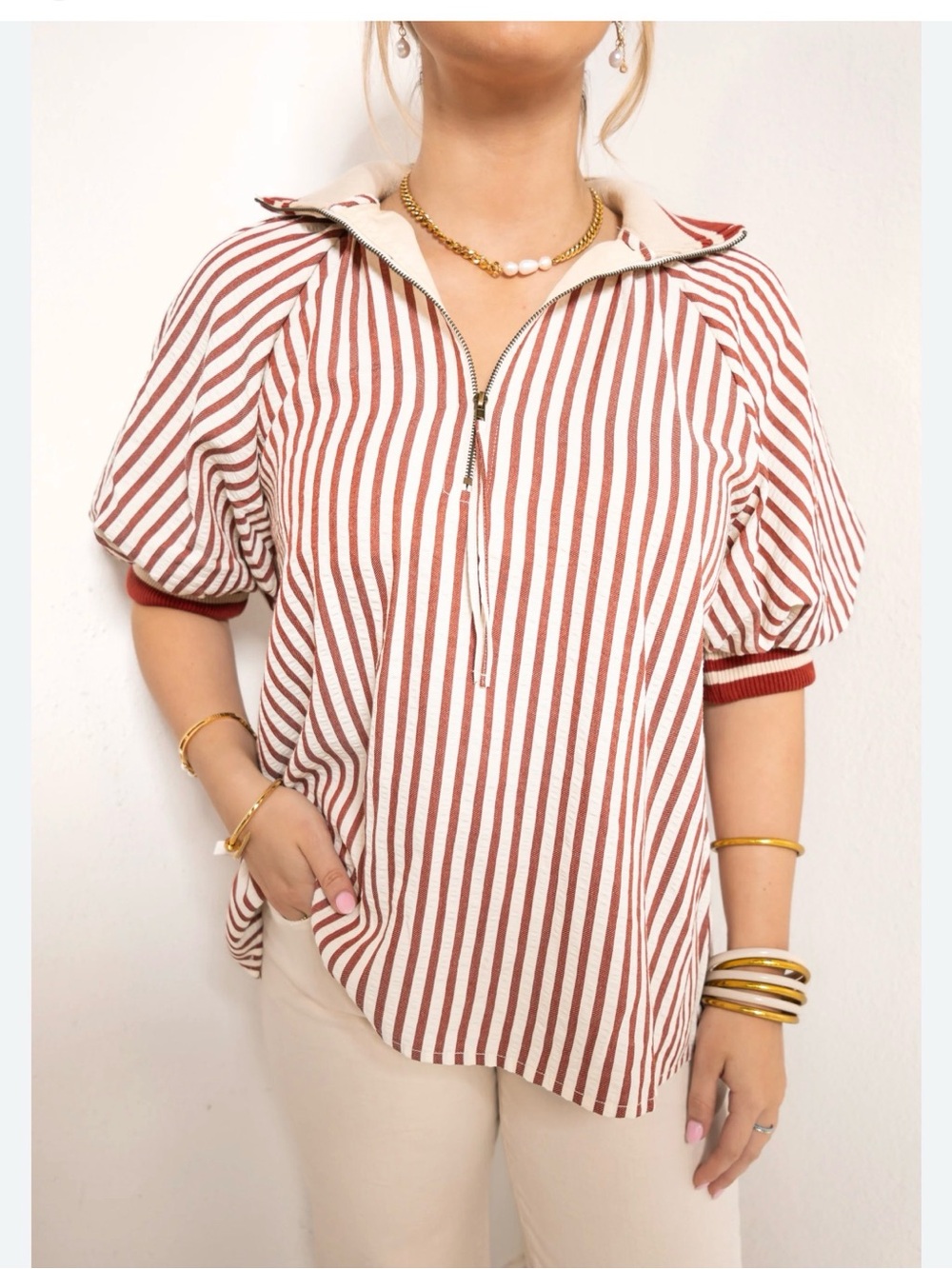 Entro Striped Puff Sleeve Top